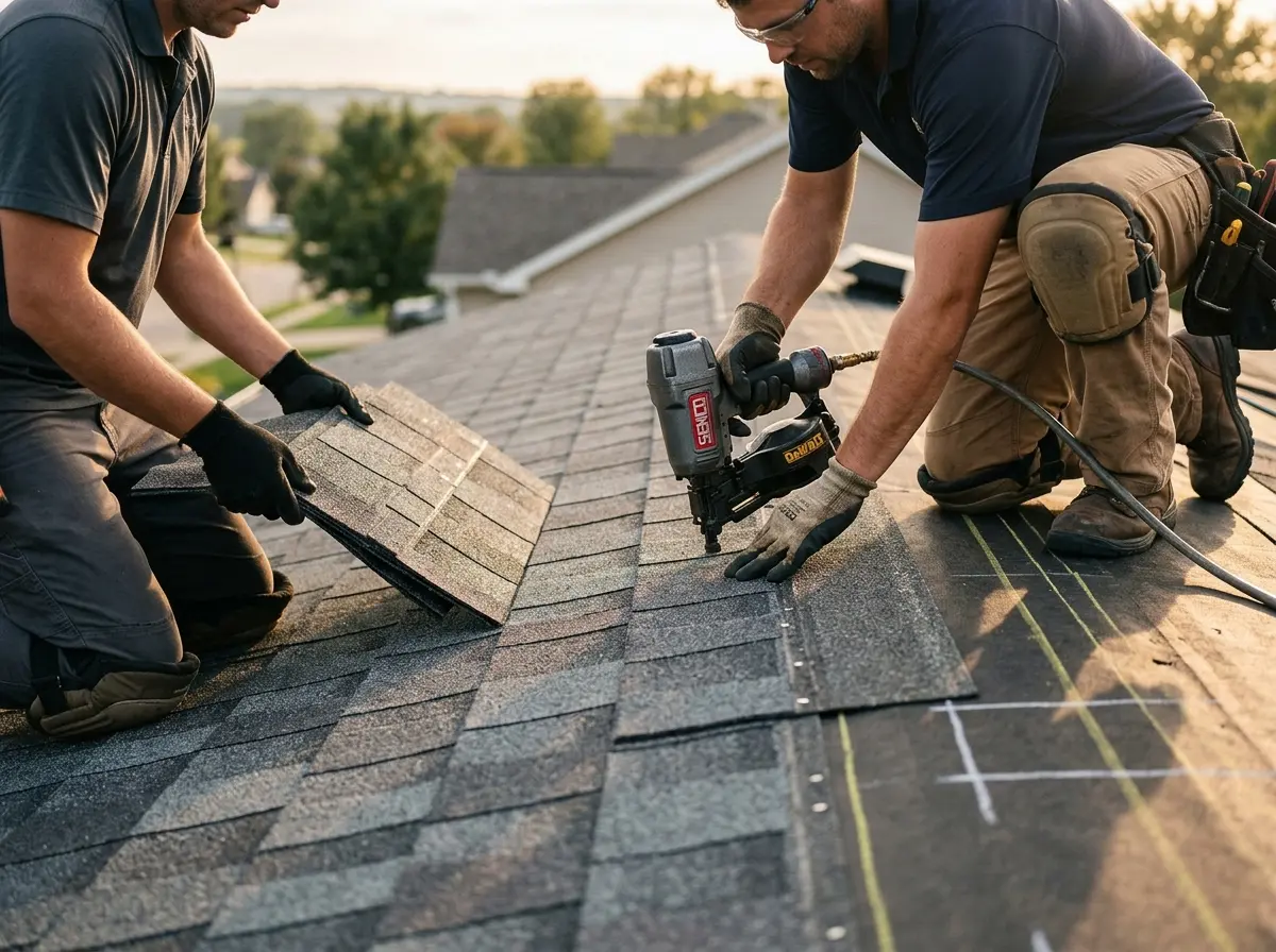 Professional roofer working on a residential roof in Honey Brook